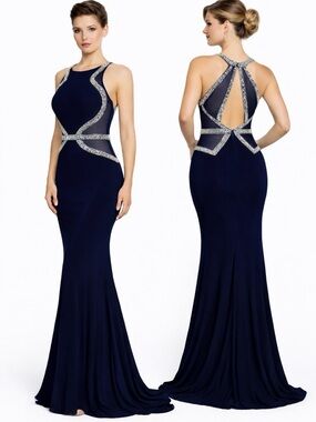 Jus D’Orange Navy Cut Out Embellished Prom Gown Glam Formal Dress Small